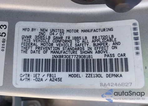 2007 Toyota Corolla Le from USA, damaged, VIN 1NXBR30E77Z908181